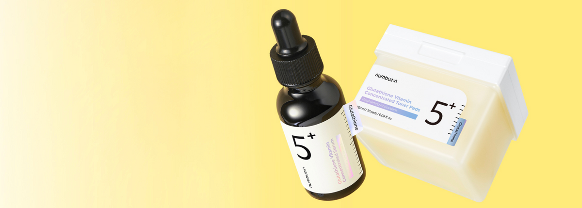 A skincare set featuring a black dropper bottle and a white rectangular box, both labeled '5+' and 'NATUREL', set against a solid yellow background.