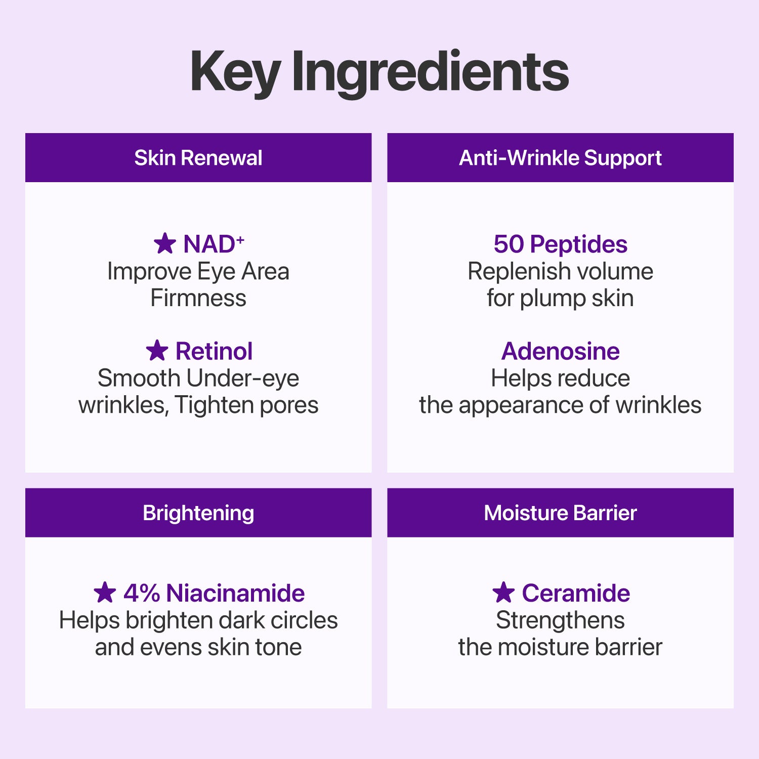 An infographic titled 'Key Ingredients' on a light lavender background, arranged in a 2x2 grid with purple headers. The sections are Skin Renewal, Anti-Wrinkle Support, Brightening, and Moisture Barrier, listing ingredients such as NAD+, Retinol, Peptides, Adenosine, Niacinamide, and Ceramide with brief descriptions.