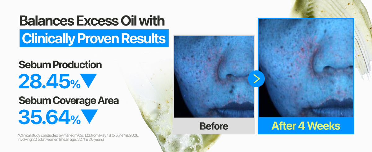 Promotional graphic for a sebum control product, showing before-and-after skin photos of a nose with reduced sebum production and coverage area, alongside text claiming clinically proven results and 28.45% reduction in sebum production.