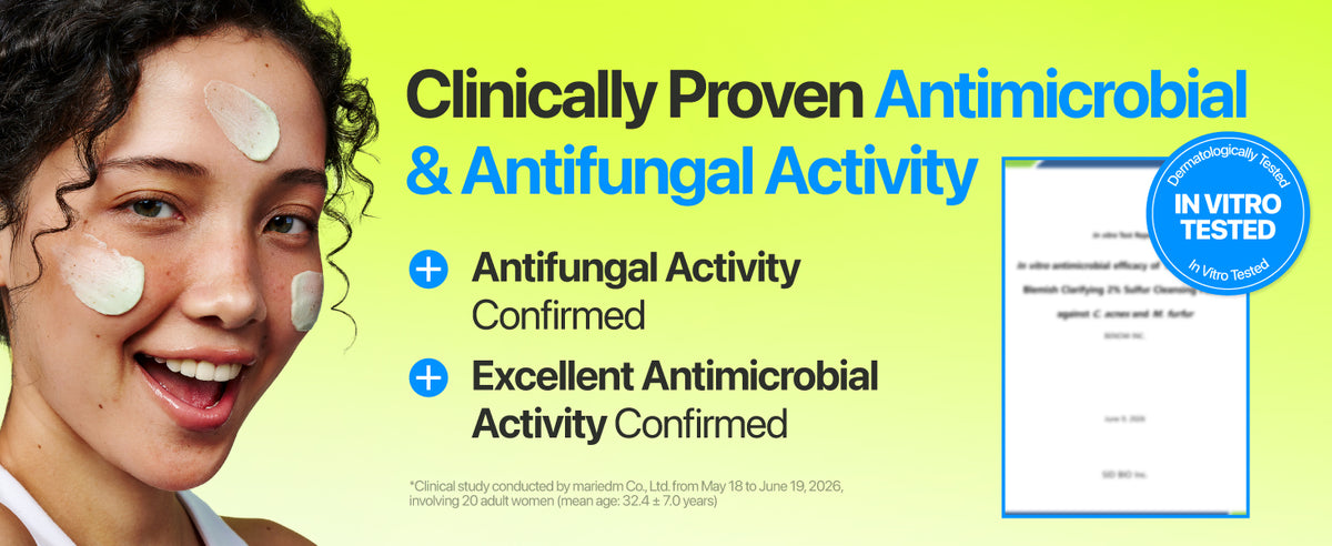 Promotional graphic for an antimicrobial and antifungal cosmetic product. The left side shows a smiling woman with cream patches on her face against a bright yellow-green background.