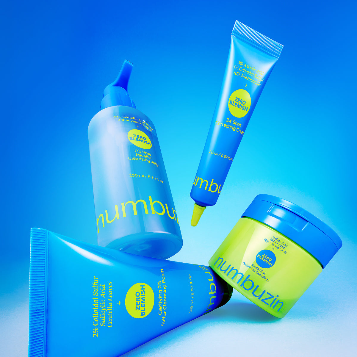 numbuzin promotional banner for new released 4 skincare products including cleansers, toner pads, spot cream