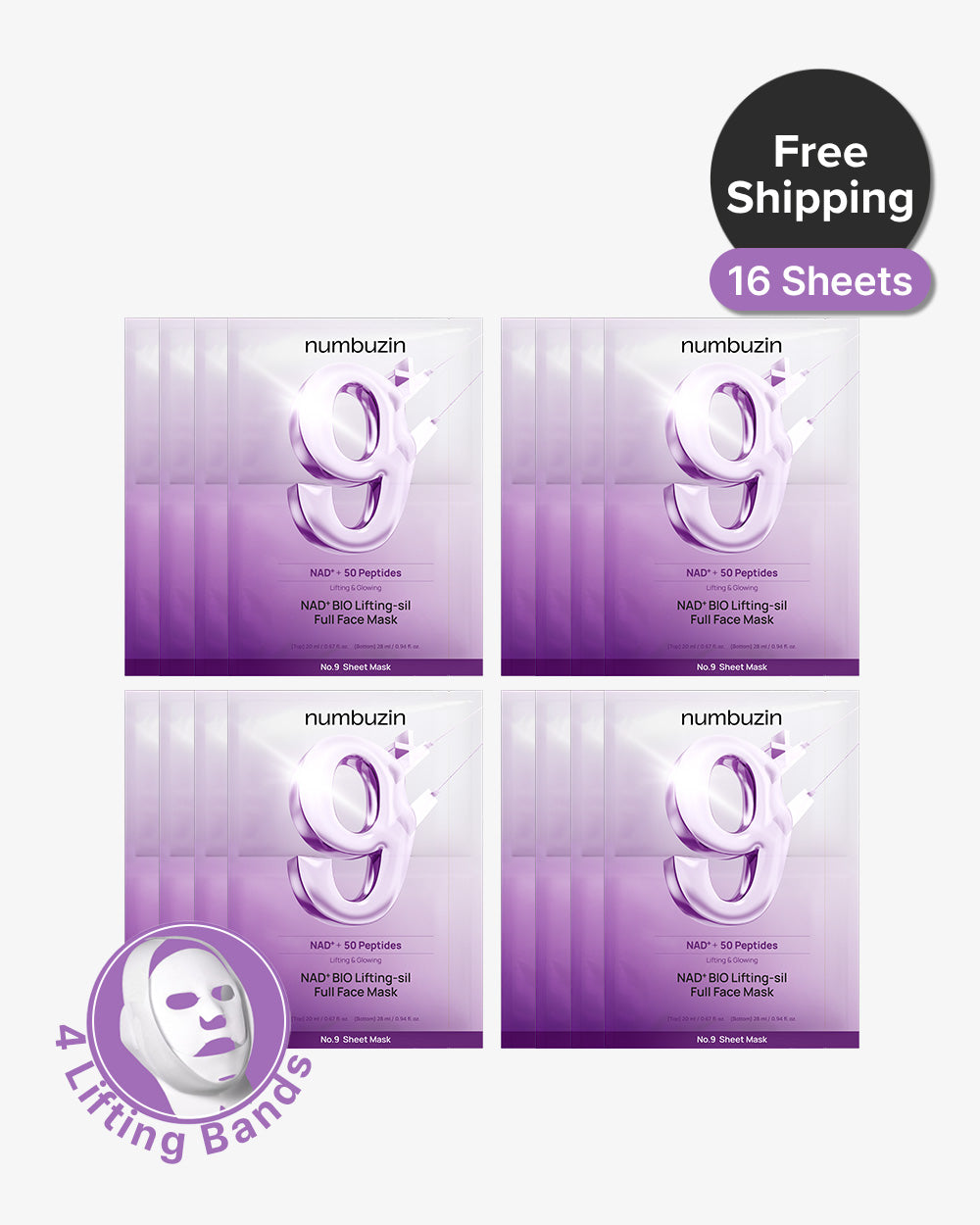 No.9  NAD+ BIO Lifting-sil Full Face Mask Bundle (16 Sheets + 4 Lifting Bands)
