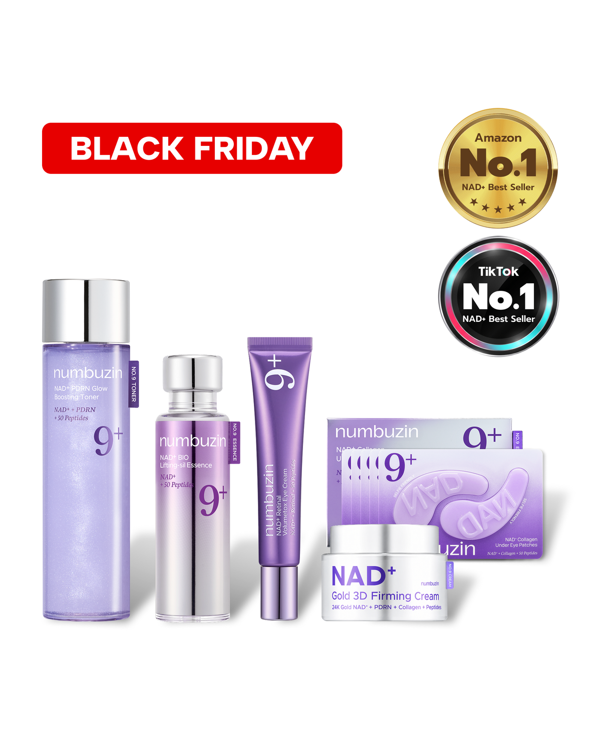 Black Friday No.9 NAD+ Anti-Wrinkle Set: toner, essence, retinal eye cream, eye patches and gold firming cream